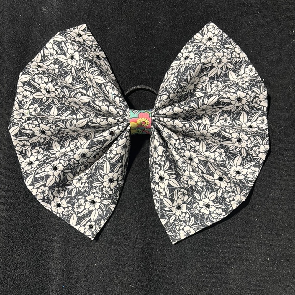Blinged Floral Black and White Hair Bow 6” x 6” (Hair Tie)